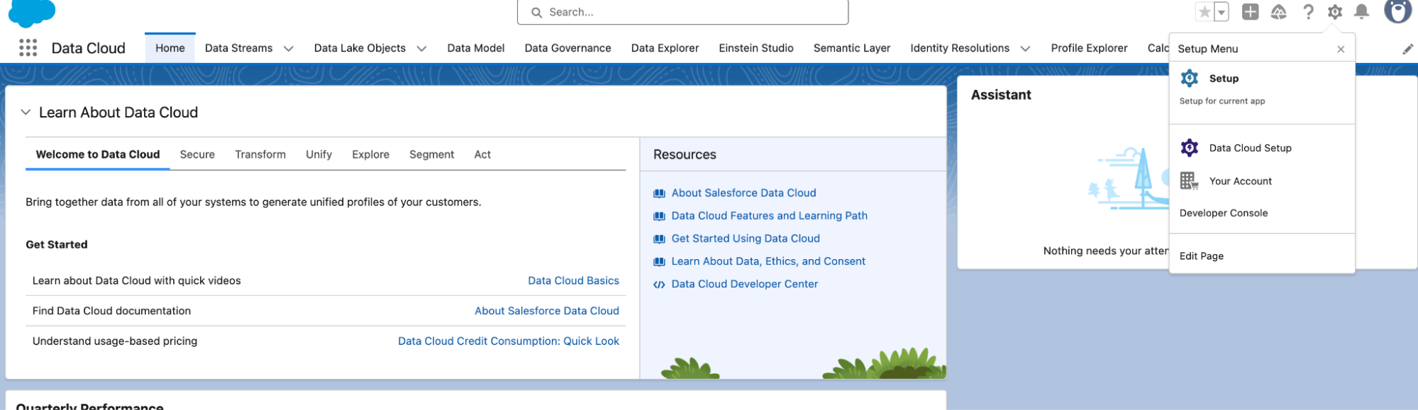 Selecting the Setup menu in Data 360