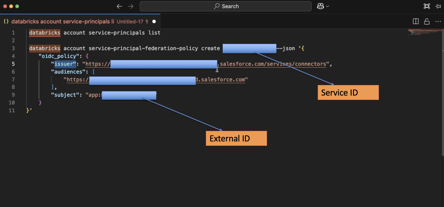 Screenshot of the Databricks CLI admin console showing the creation of a federation policy