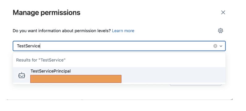 DBX Manage permissions page showing the entry of the service principal