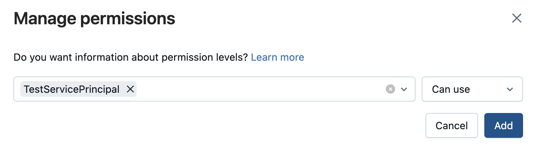 DBX Manage permissions page showing the Can use permission set