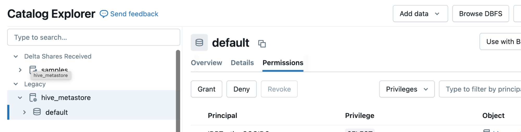 Screenshot showing the Permissions tab in the Catalog Explorer