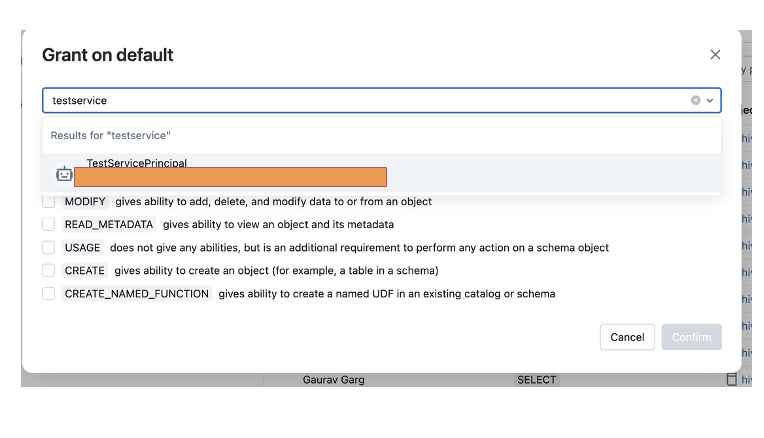 Screenshot showing the Grant on default window