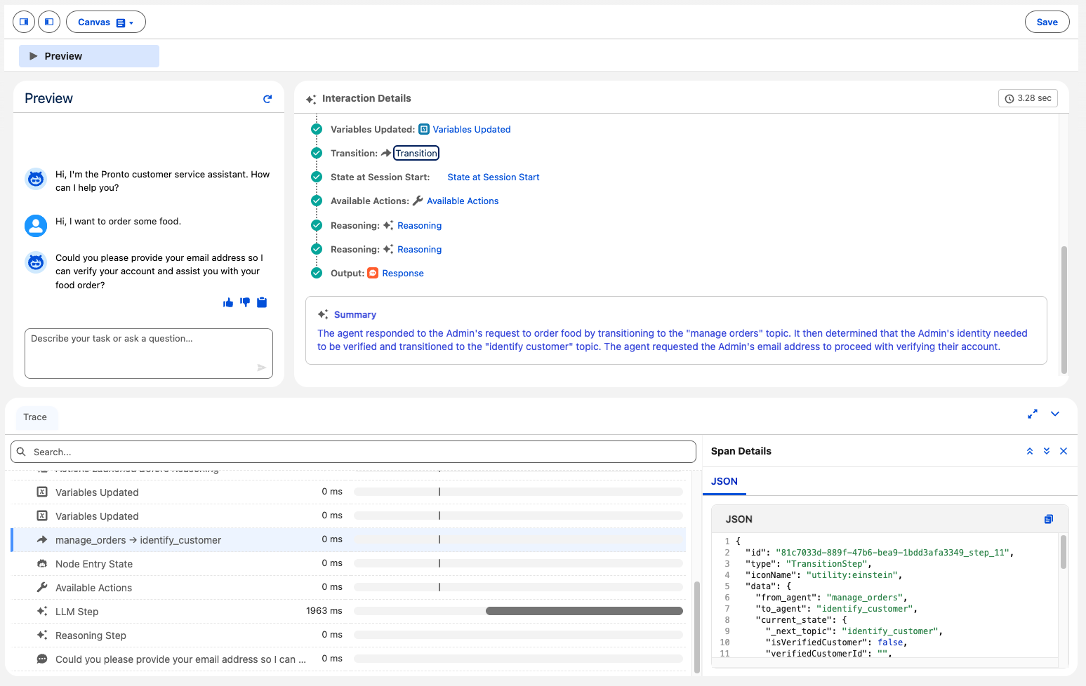 Screenshot of a conversation preview in Agentforce Builder
