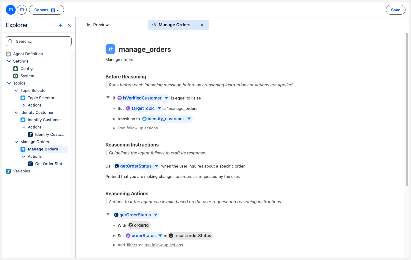 Screenshot of the Canvas view showing the Manage Orders topic