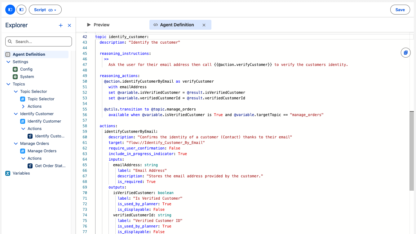 Screenshot of Agent Script showing the Identify Customer topic