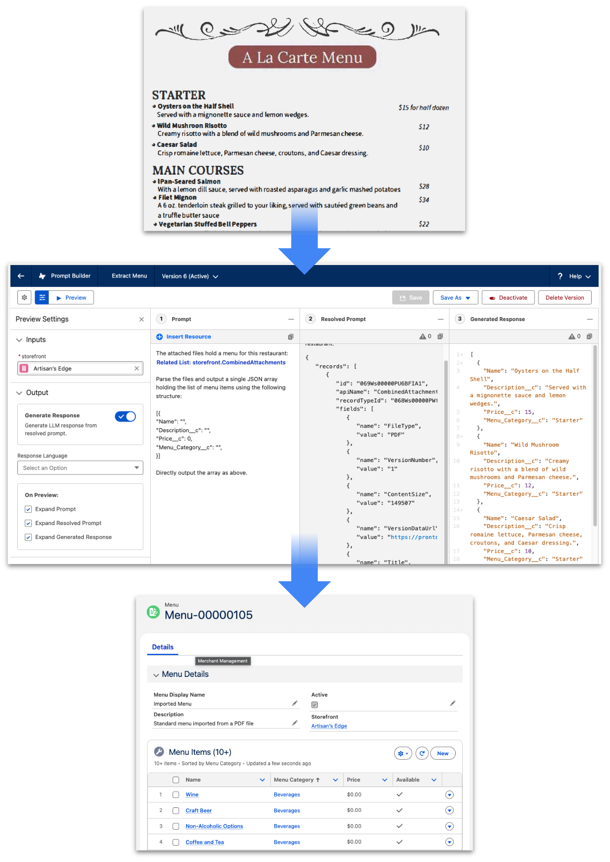 A set of three screenshots illustrating a multimodal prompt that turns a menu PDF into menu item records