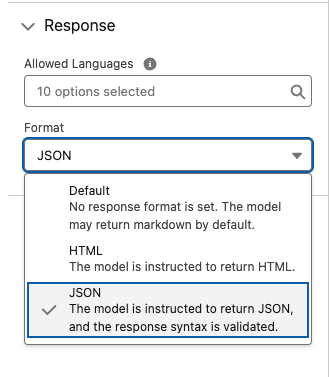 Screenshot of the response format in Prompt Builder showing the default, HTML, and JSON format options