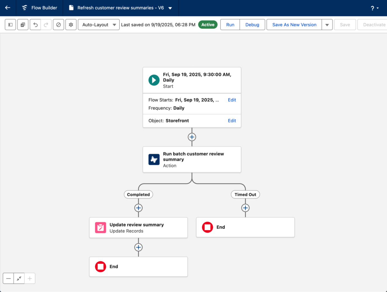 Screenshot of a flow that contains a prompt template batch action