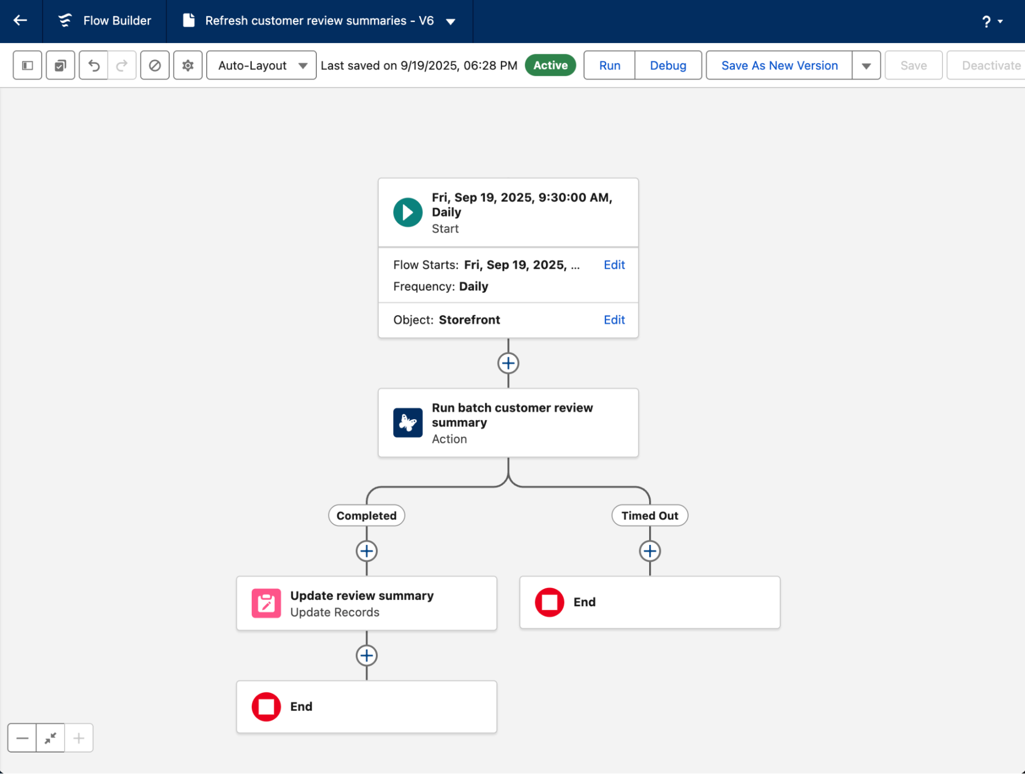 Screenshot of a flow that contains a prompt template batch action