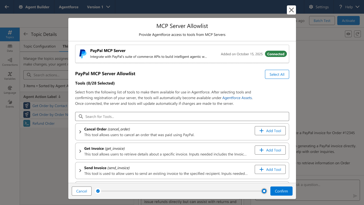 Screenshot of MCP actions from a PayPal MCP server