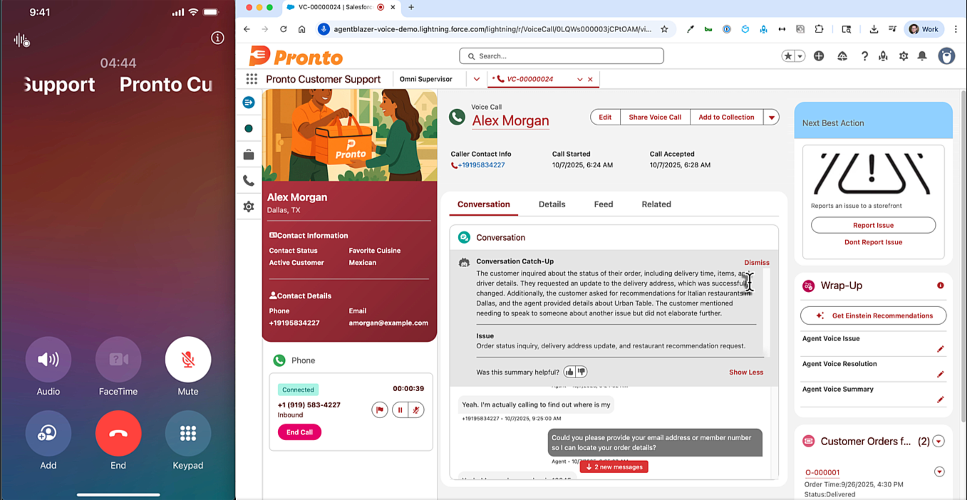 Screenshot of Agentforce Voice showing how a customer can connect to a service agent over the phone