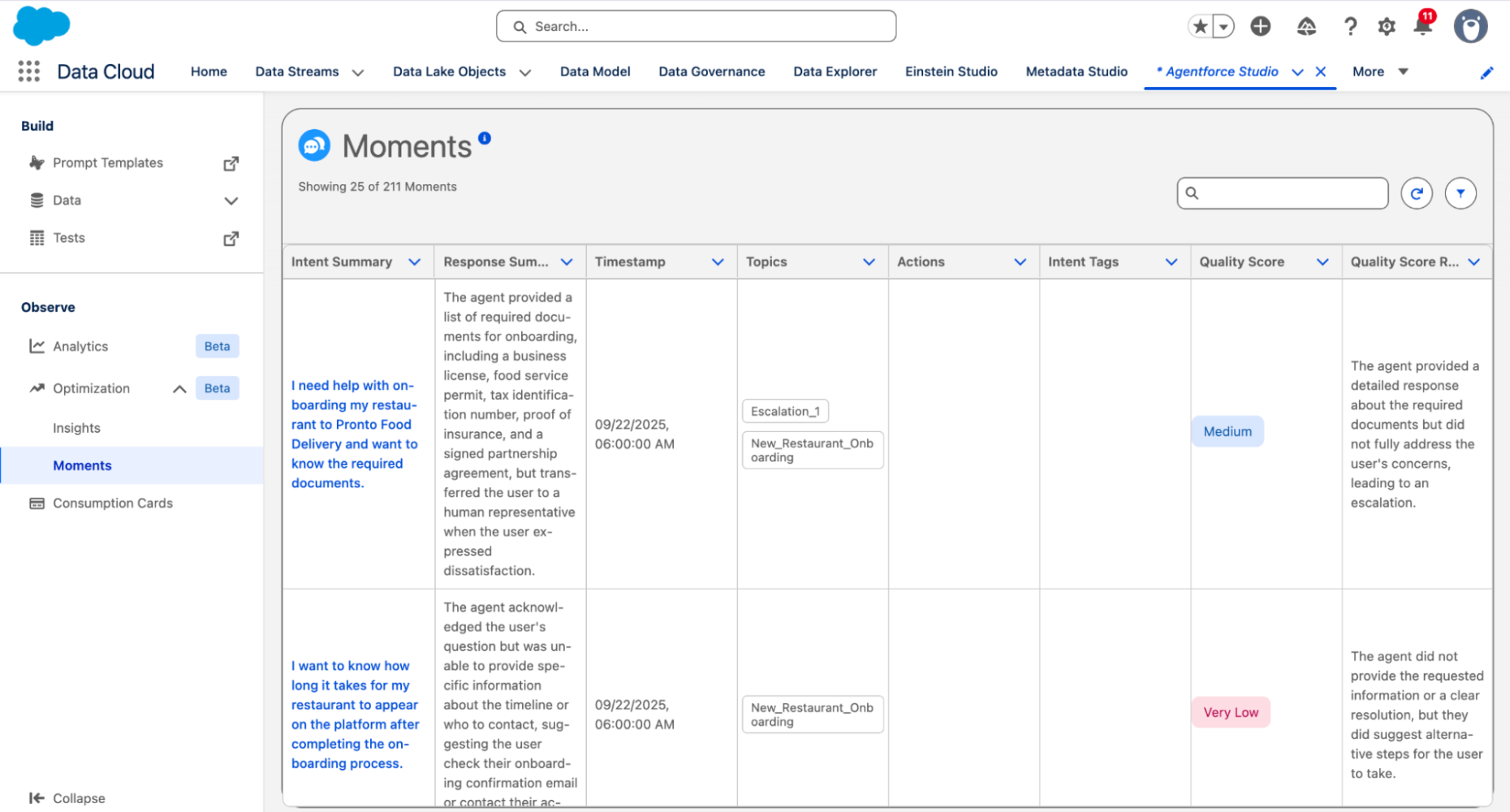 Screenshot of Agentforce Observability showing conversation moments with quality scores