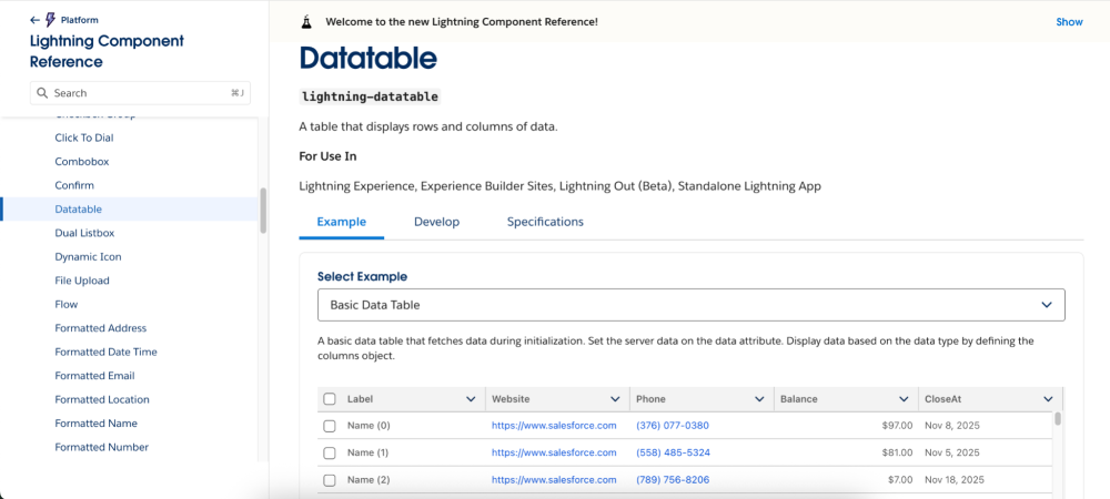 Screenshot of the new Lightning Component Reference experience