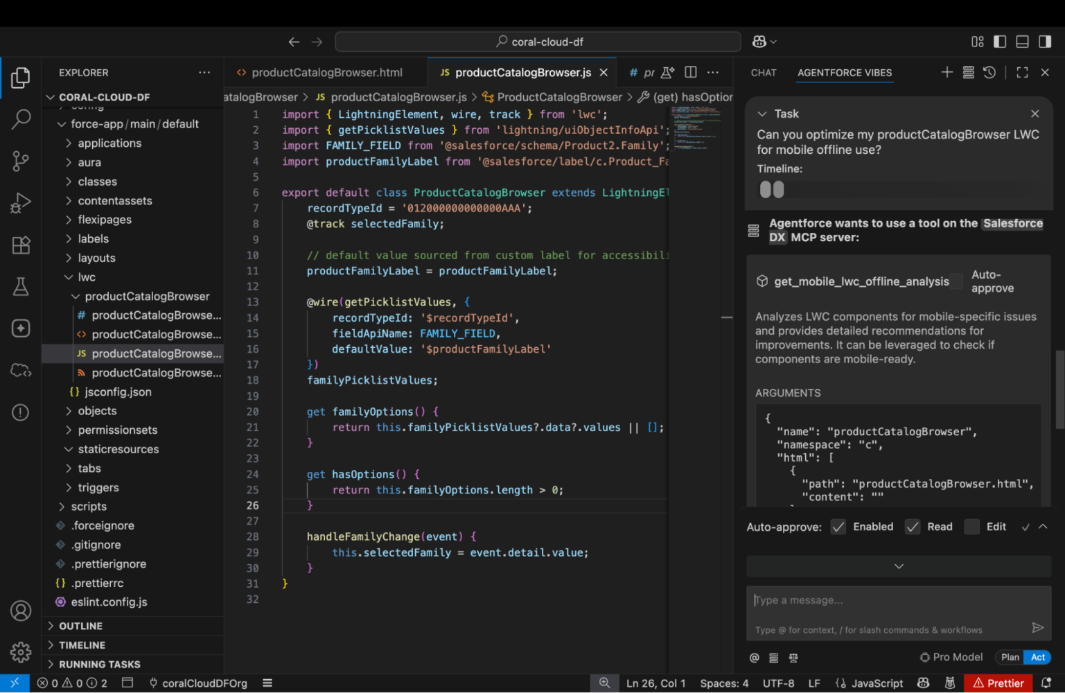 Screenshot asking the Agentforce assistant in VS Code to optimize a ProductCatalogBrowser LWC for mobile offline use