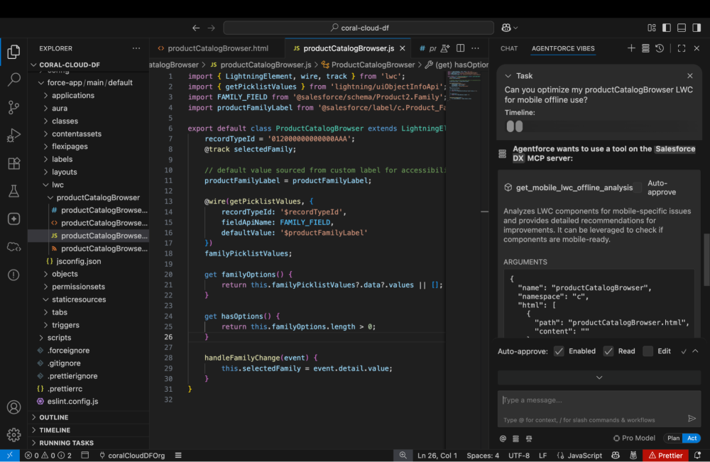 Screenshot asking the Agentforce assistant in VS Code to optimize a ProductCatalogBrowser LWC for mobile offline use