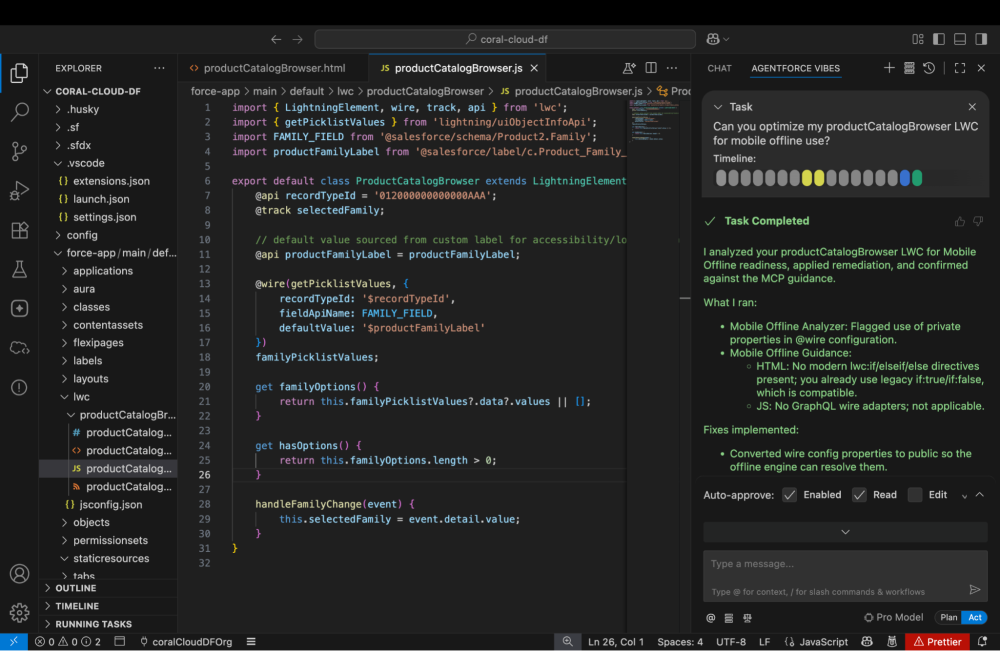 Screenshot of Agentforce completing the requested optimization of a LWC for mobile offline use
