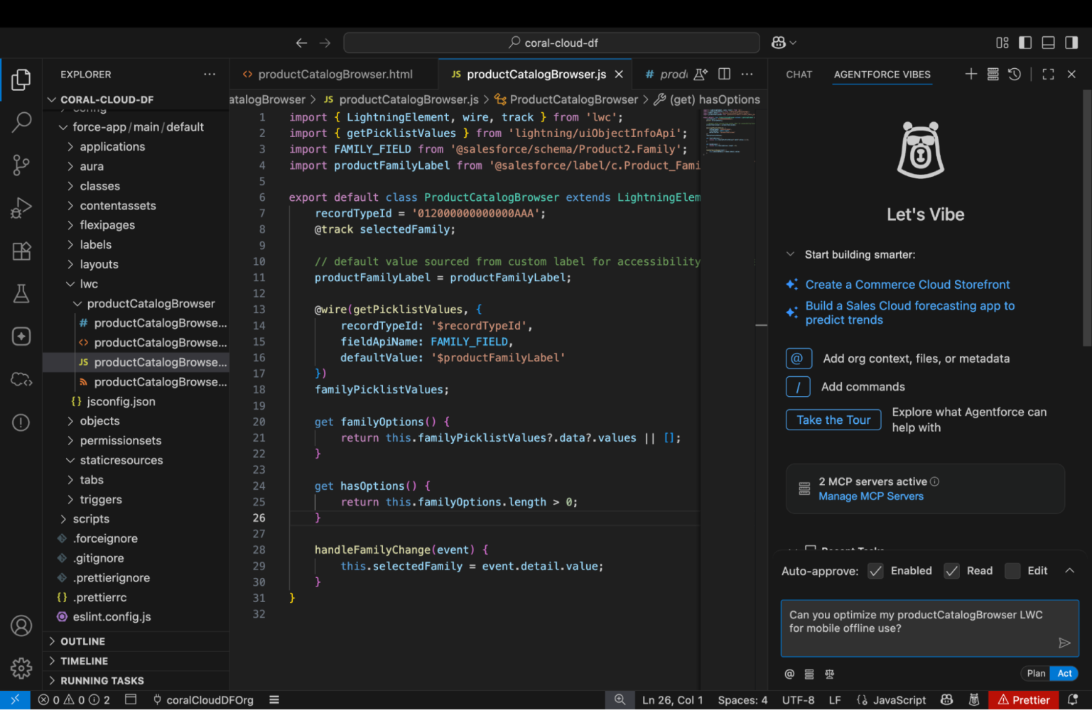 Screenshot of the Agentforce Vibes AI assistant integrated into a VS Code environment