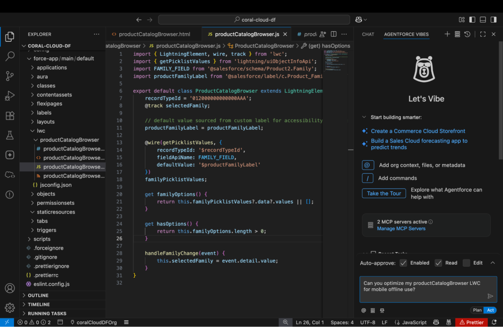 Screenshot of the Agentforce Vibes AI assistant integrated into a VS Code environment