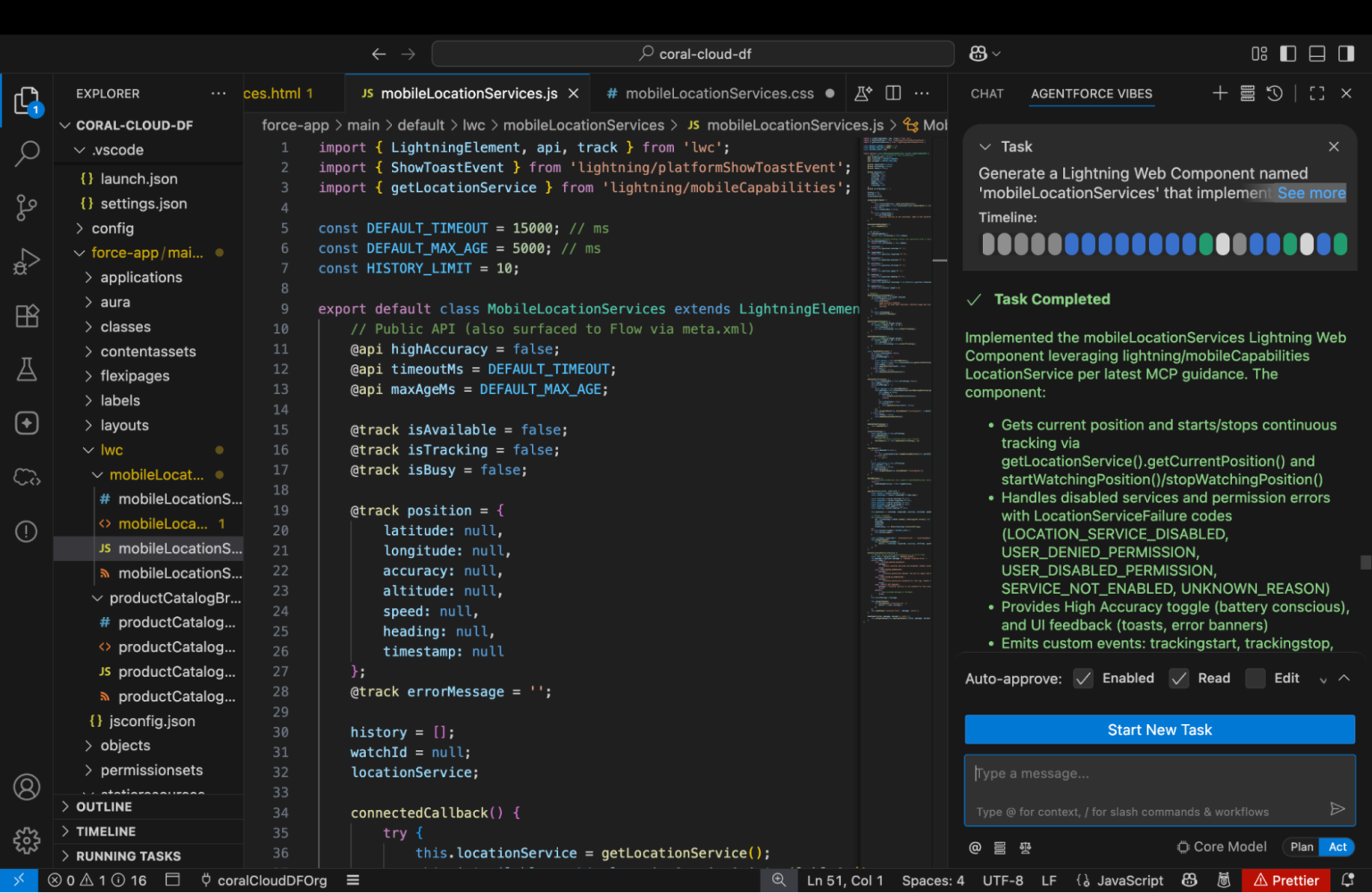 Screenshot showing the newly generated code for a mobileLocationServices LWC