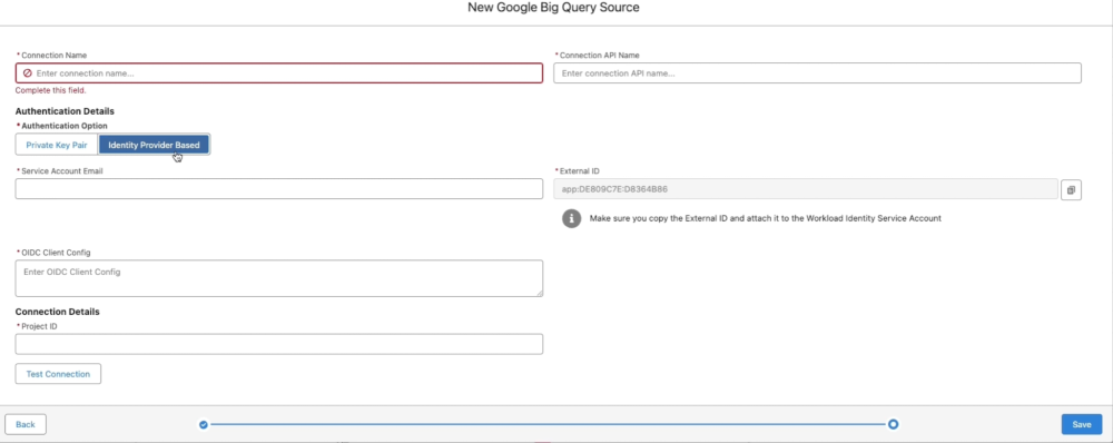 New Google BigQuery Source page in Data 360 for connection setup