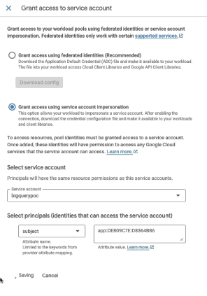Details for the service account and subject on the Connected service accounts panel in GCS