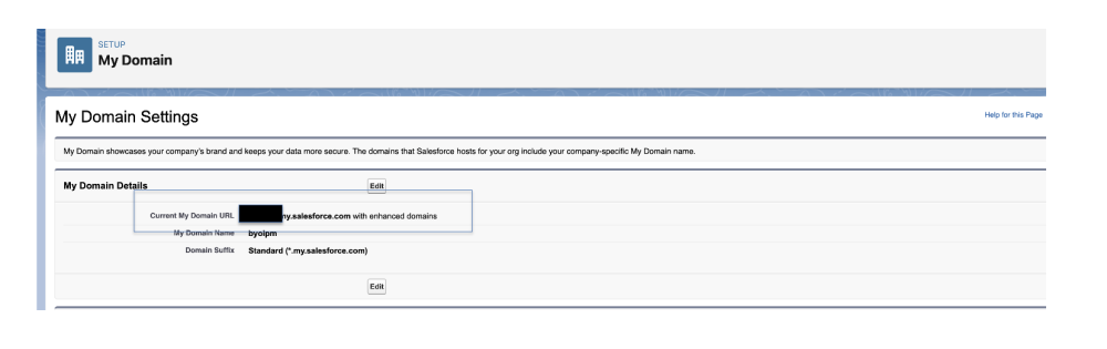 My Domain Settings page in Data 360 showing the My Domain URL
