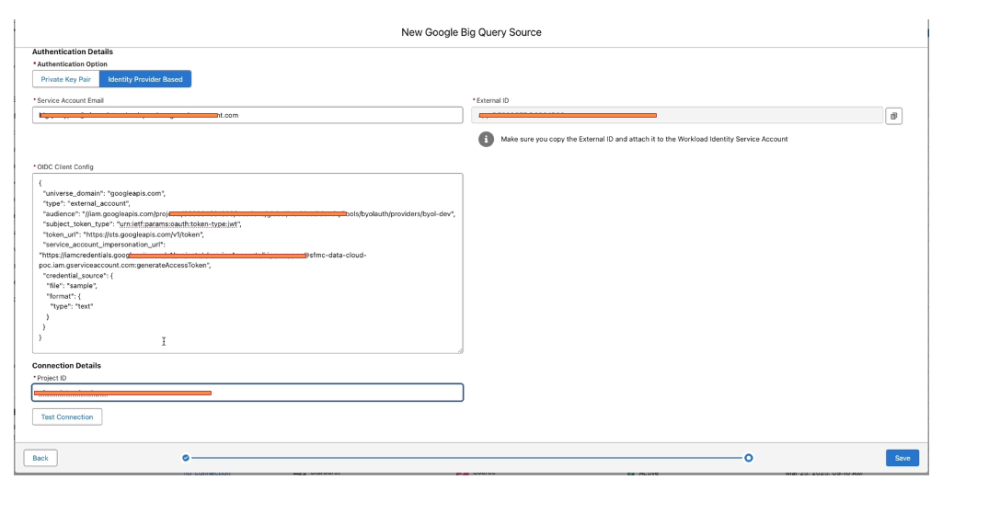 New Google BigQuery Source page in Data 360 showing the ODIC client config code and details entered.