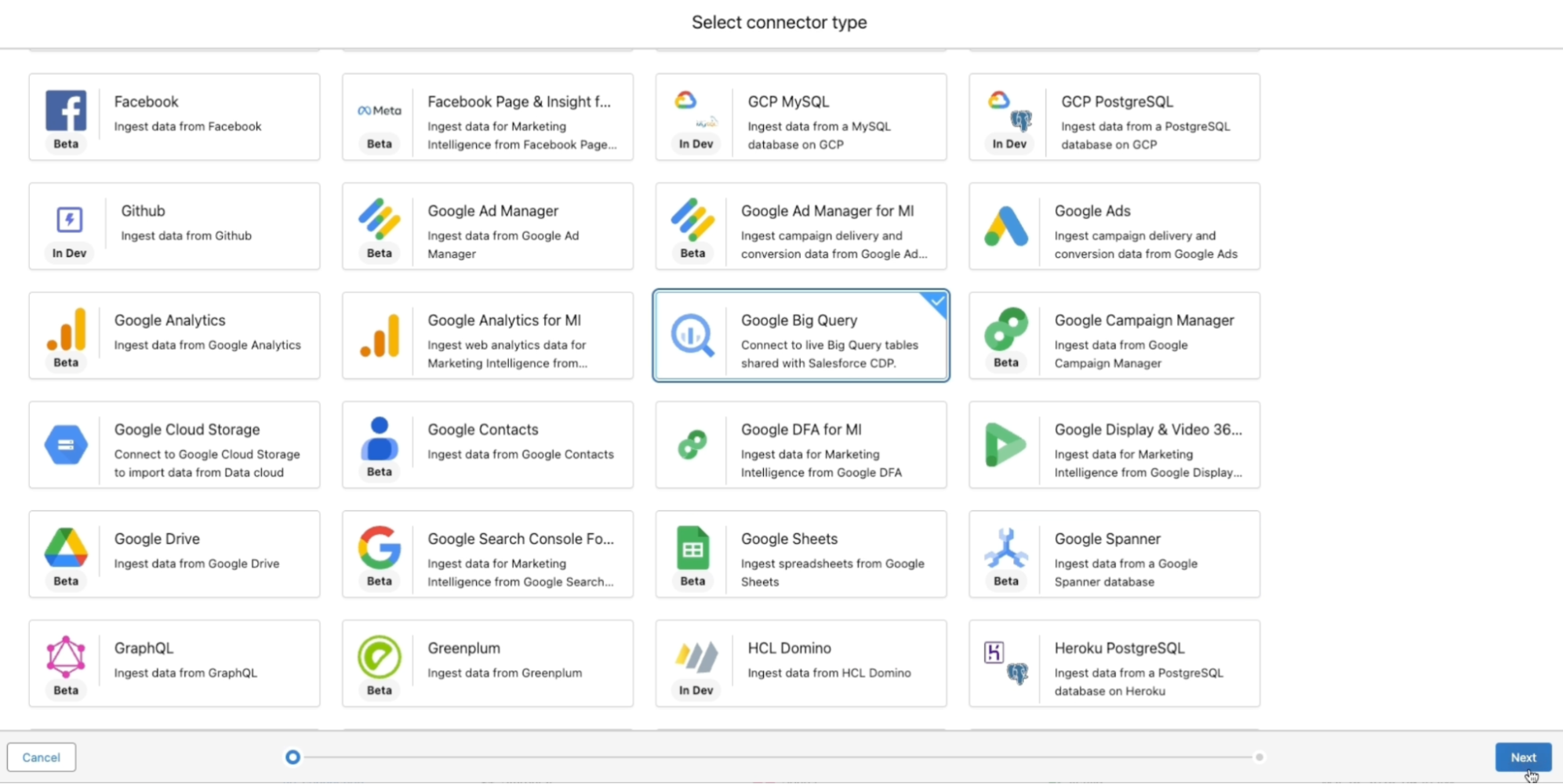 Select Connector Type page in Data 360 showing the Google BigQuery option highlighted