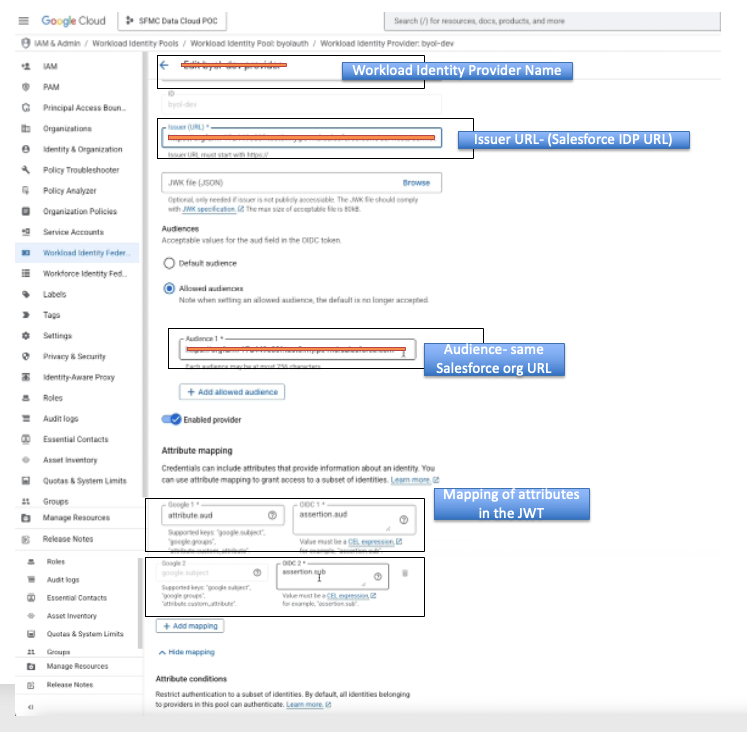 Workload Identity Provider page in the Google Cloud Services admin panel