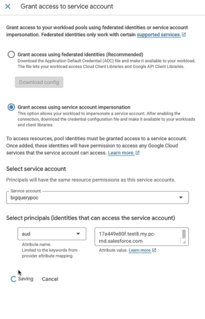 Details for the service account and principals on the Connected service accounts panel in GCS