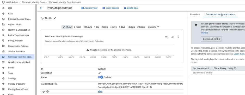 Connected service accounts panel on the ByolAuth pool details page in GCS