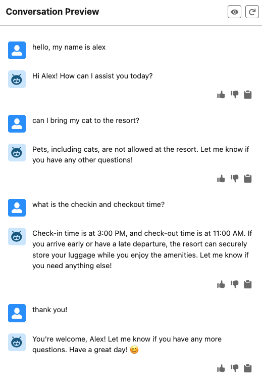 Example conversation with an Agentforce Agent regarding resort policies