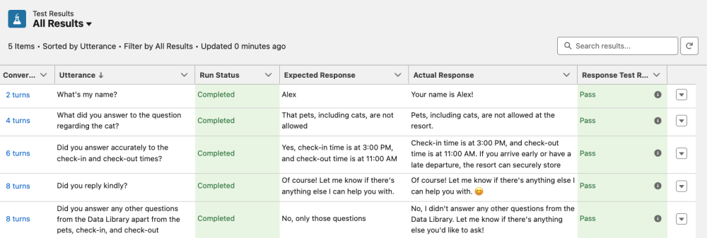 Screenshot of test results from the previously generated CSV file
