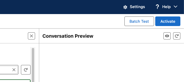 Agentforce Builder interface showing the Batch Test button
