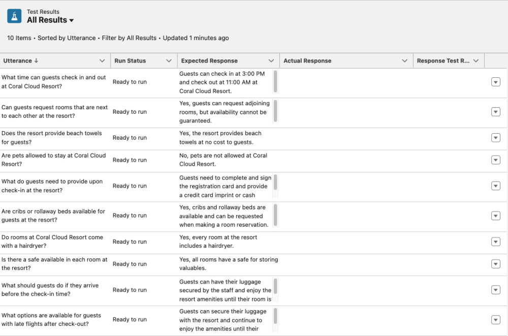 Screenshot of example test results in Agentforce prior to the test run