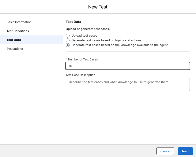 Screenshot of the Test Data configuration screen in Agentforce Builder.
