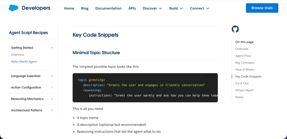Screenshot of Agent Script Recipes documentation on developer.salesforce.com
