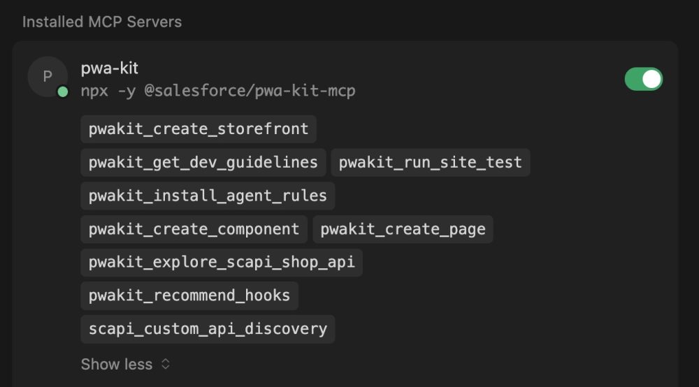 Cursor settings showing the available tools for the PWA Kit MCP Server