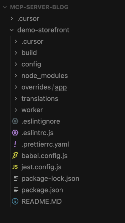 The MCP tool creates a new storefront project in the Cursor workspace based on the Retail React App template