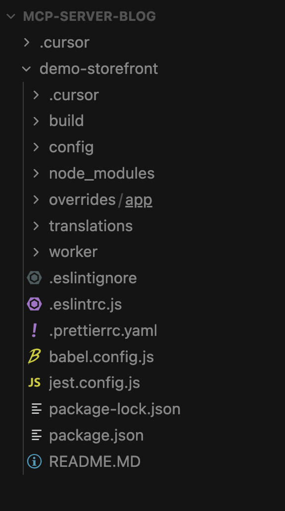 The MCP tool creates a new storefront project in the Cursor workspace based on the Retail React App template