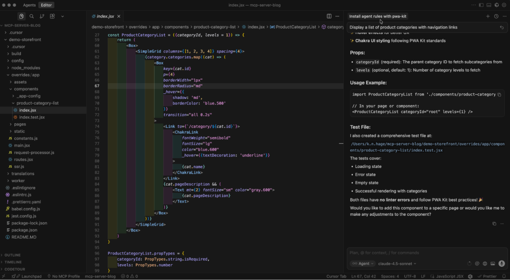 The MCP tool in Cursor creates the ProductCategoryList component, which is shown in the index.jsx file