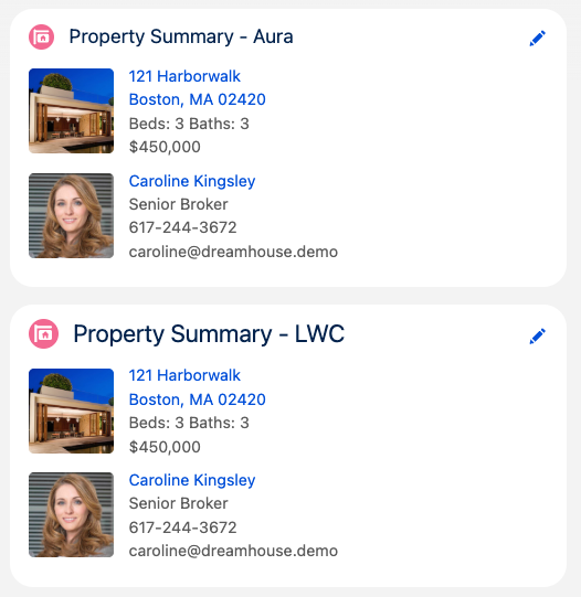 Screenshot of the final Property Summary Aura and LWC components side by side.