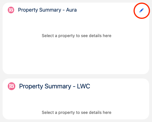 Screenshot of the Property Summary Aura and LWC components side by side with no property selected.