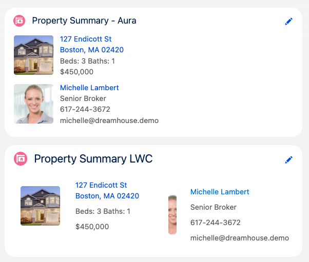 Screenshot of the redeployed Property Summary Aura and LWC components side by side.