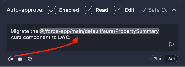 Screenshot of Agentforce Vibes prompt dialog with a context reference for a component
