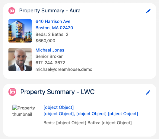Screenshot of the initial Property Summary Aura and LWC components side by side.