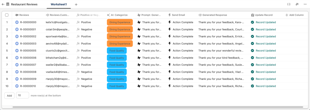 Screenshot of an Agentforce Grid worksheet that showcases how responses to restaurant reviews can be generated at scale.
