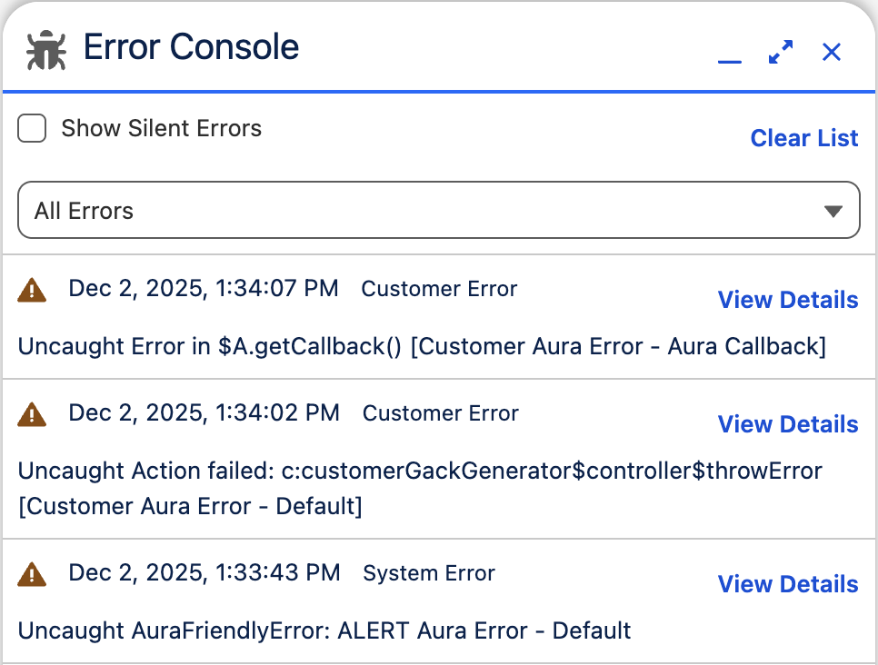 Screenshot of the Error Console that logs LWC errors