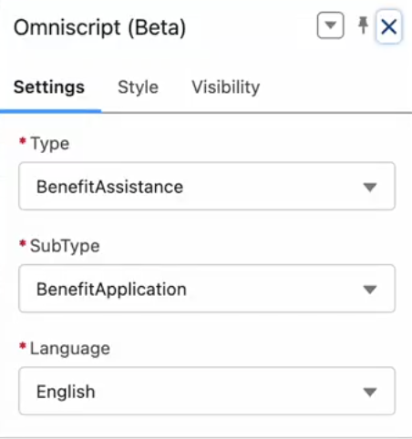 Component settings screen for Omniscript and Flexcard.