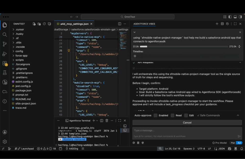 Screenshot of the user asking the Agentforce assistant in VS code to build a Salesforce Android app using the Agentforce SDK
